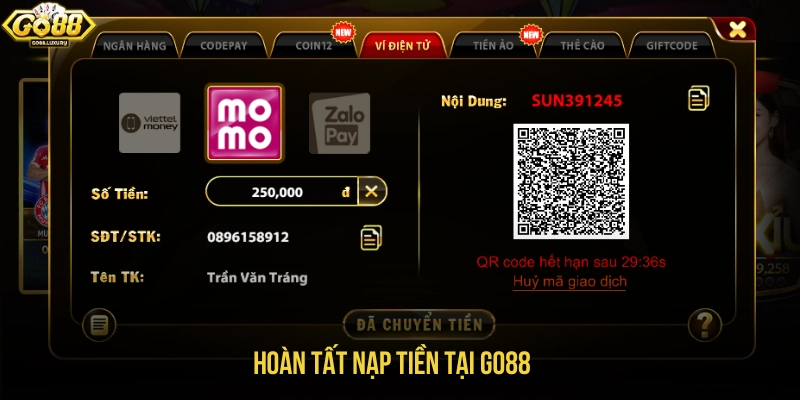 Hoàn tất các nội dung yêu cầu nạp tiền GO88